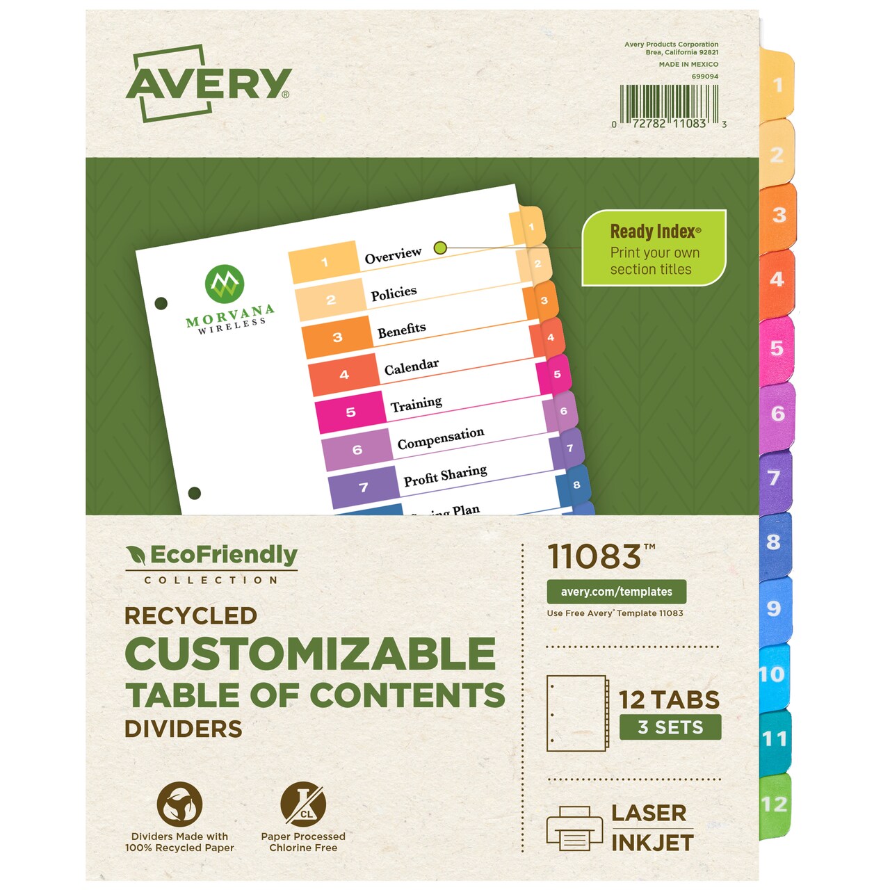 Avery EcoFriendly Recycled Dividers for 3 Ring Binders, 12 Tabs per Set, Customizable Table of Contents, Multicolor Tabs (3 Sets of 11083)